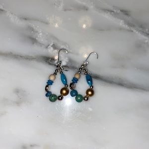 Silvery Blue Beaded Hoop Dangling Earrings